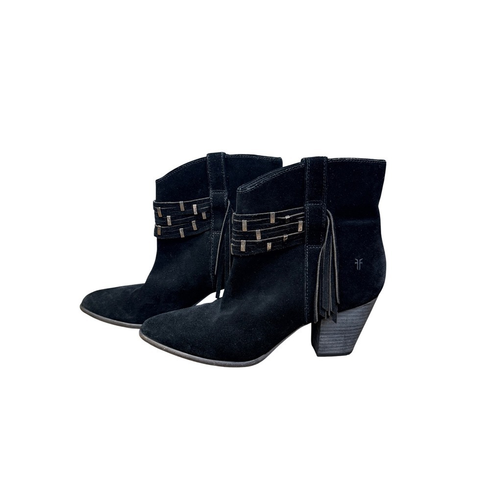 Frye Black Suede Fringe Western Ankle Boots Women's 9M Pointed Toe